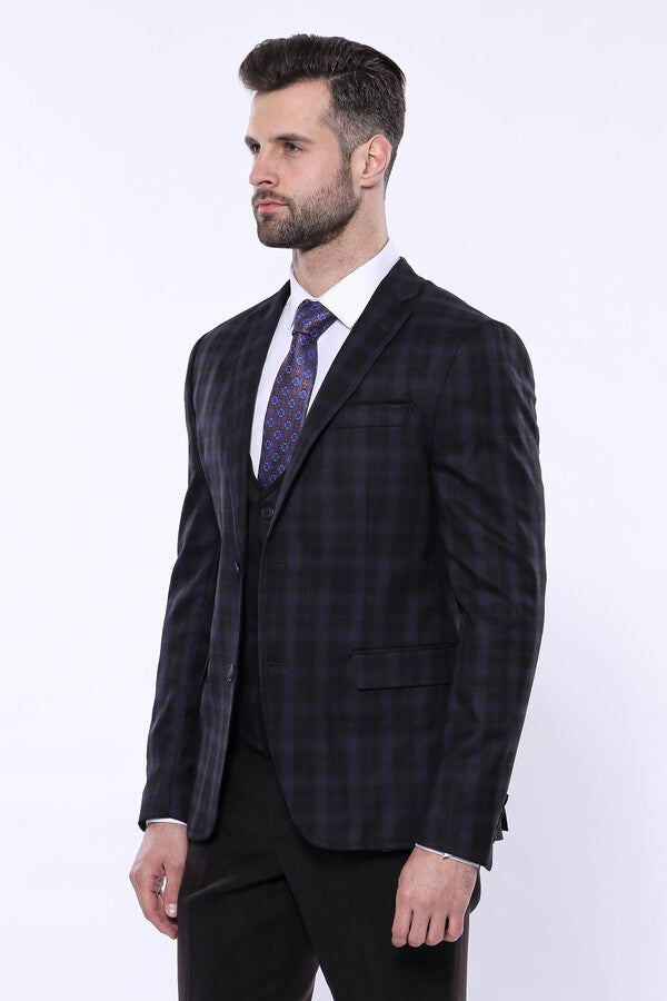 Traje de invierno de tres piezas para hombre a cuadros negros - Wessi