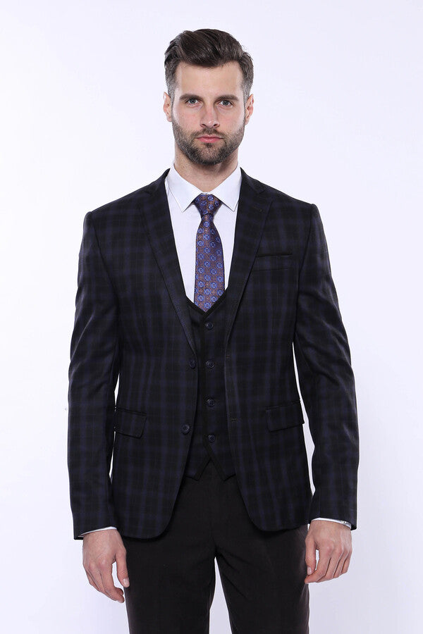 Traje de invierno de tres piezas para hombre a cuadros negros - Wessi