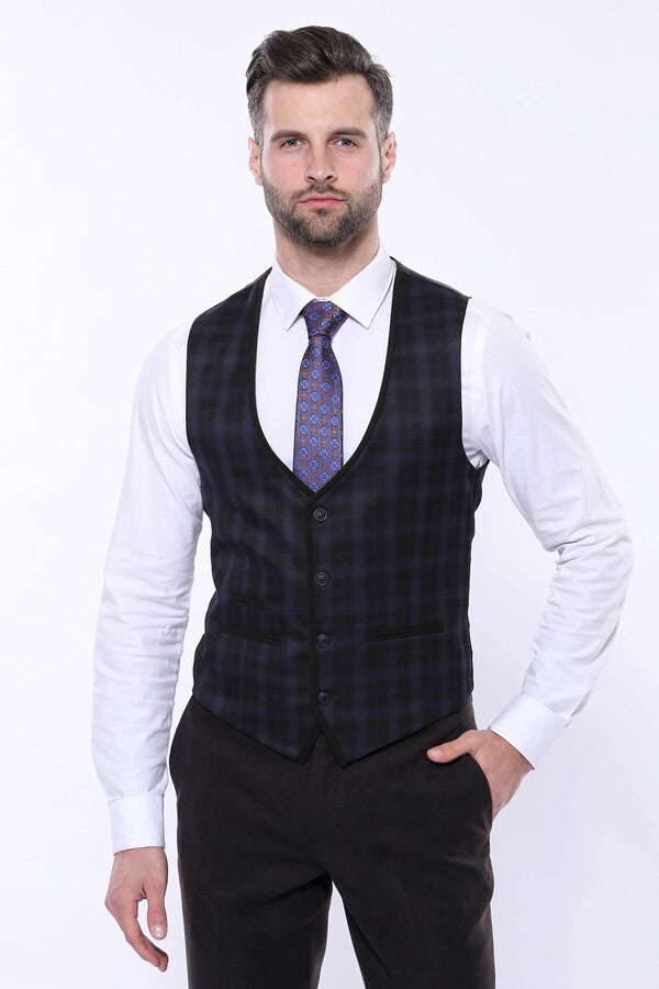 Traje de invierno de tres piezas para hombre a cuadros negros - Wessi