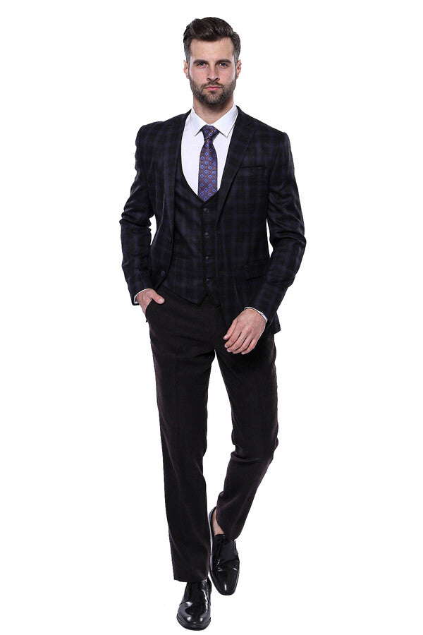 Traje de invierno de tres piezas para hombre a cuadros negros - Wessi