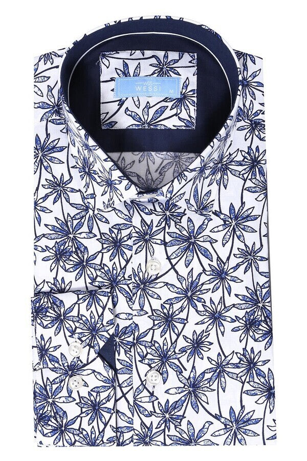 Blue Floral Patterned Long Sleeve White Men Shirt - Wessi