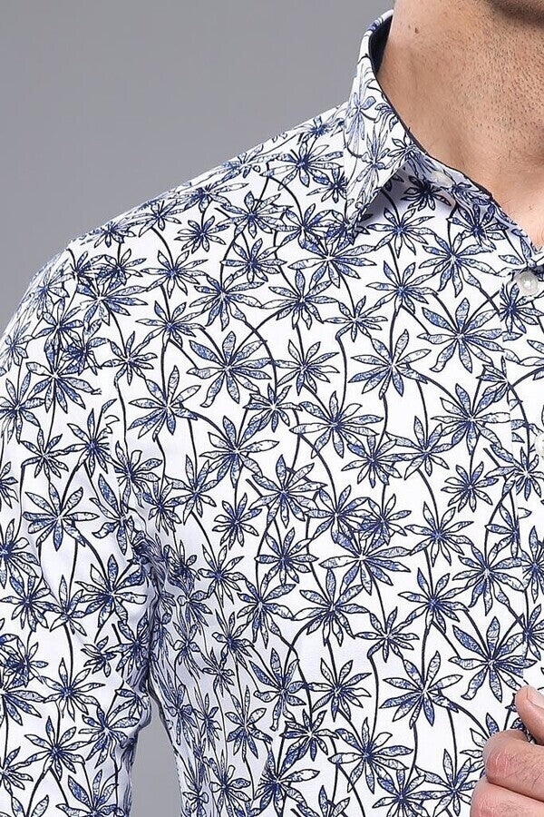 Blue Floral Patterned Long Sleeve White Men Shirt - Wessi