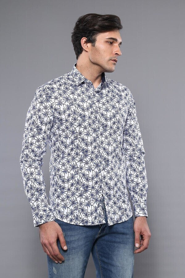 Blue Floral Patterned Long Sleeve White Men Shirt - Wessi