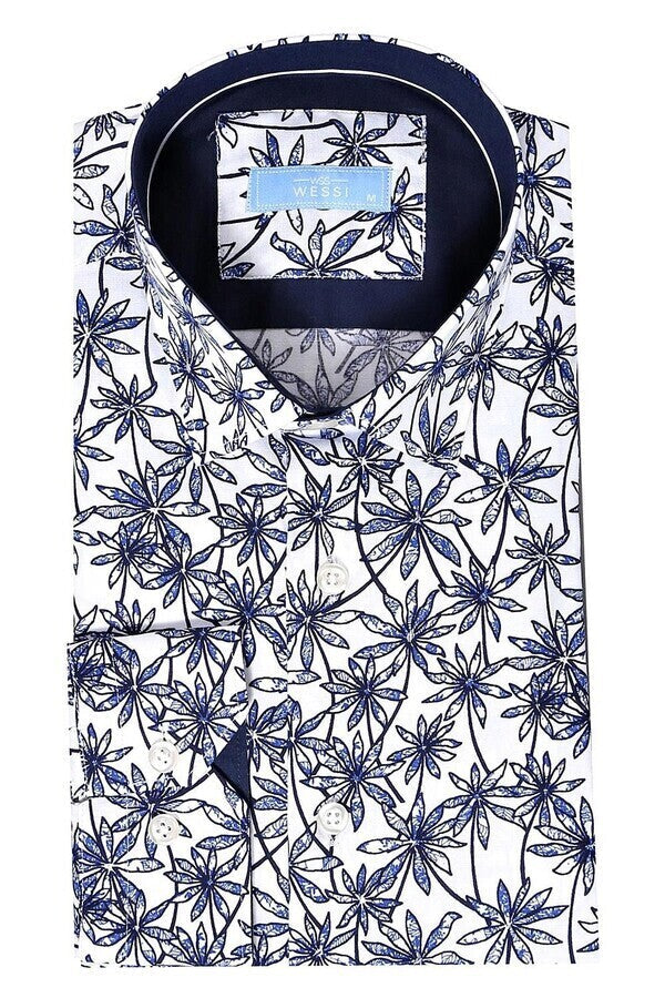 Blue Floral Patterned Long Sleeve White Men Shirt - Wessi