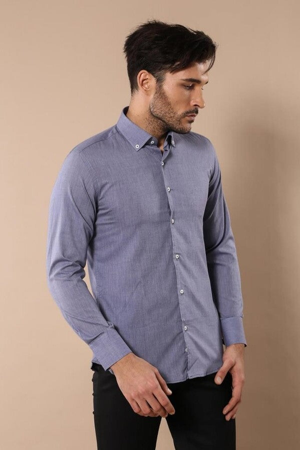 Camisa de lino azul lisa para hombre | Wessi