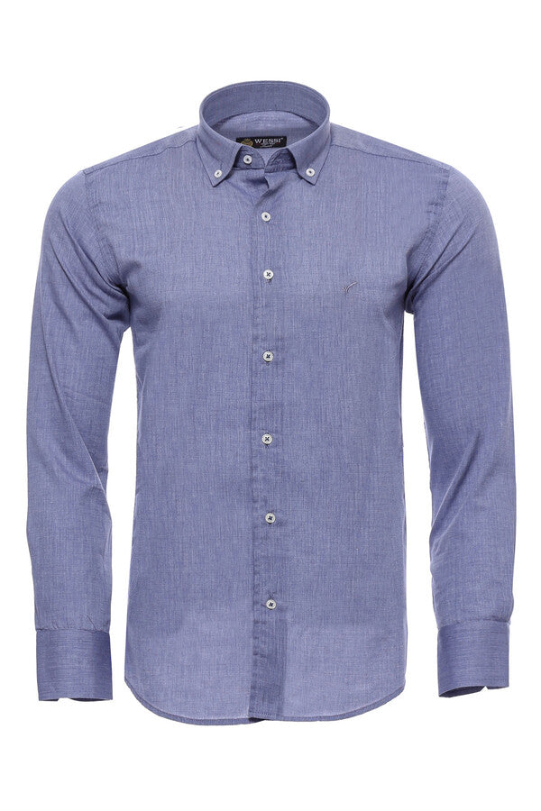 Camisa de lino azul lisa para hombre | Wessi