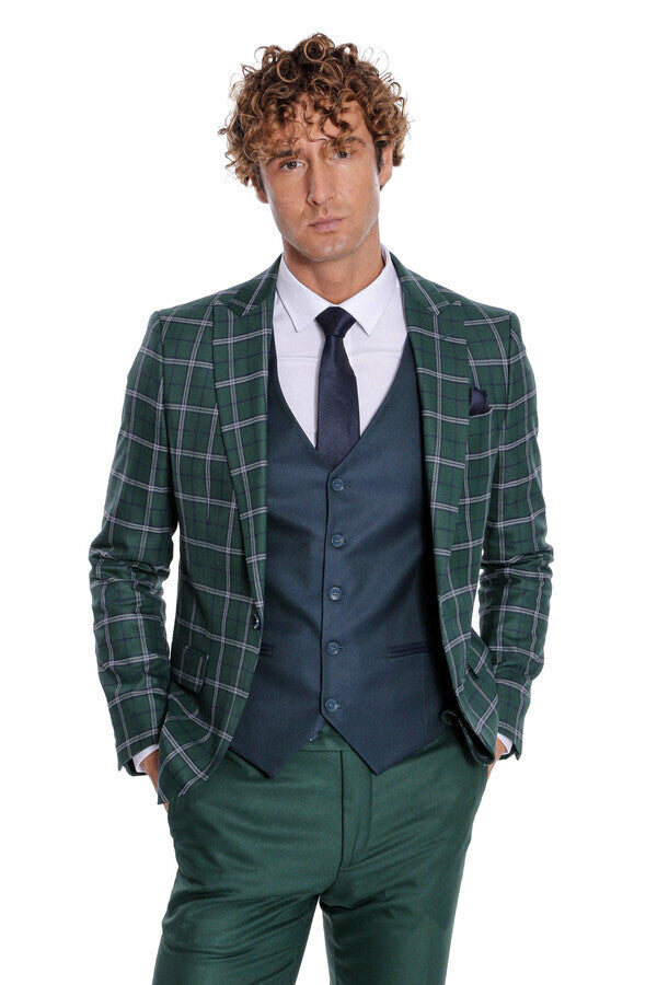 Traje de hombre azul con chaleco entallado a cuadros verdes - Wessi