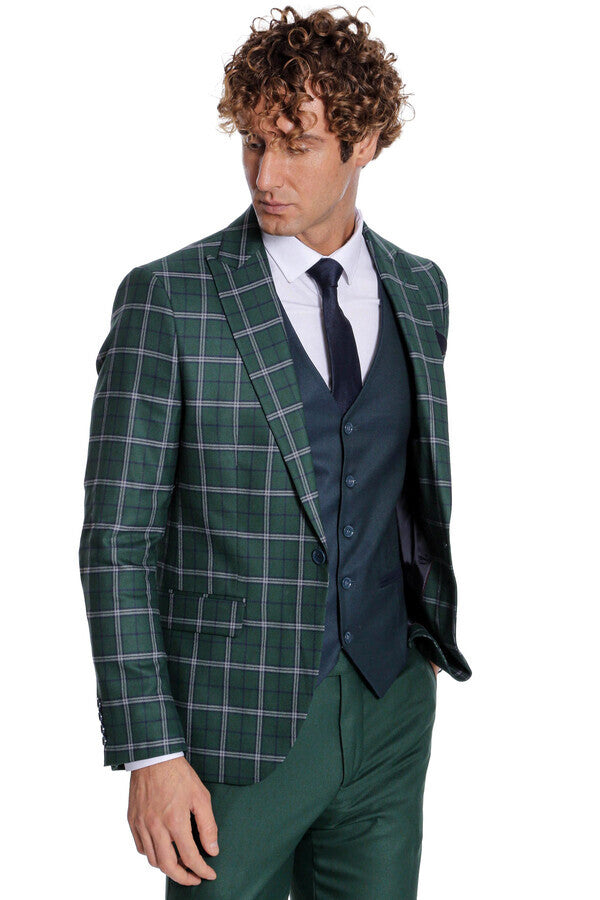 Traje de hombre azul con chaleco entallado a cuadros verdes - Wessi