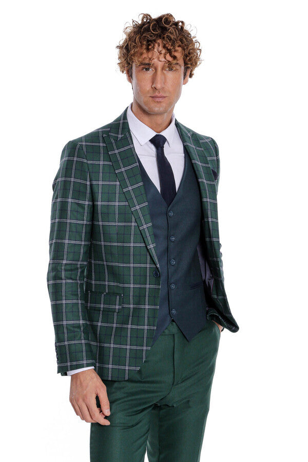 Traje de hombre azul con chaleco entallado a cuadros verdes - Wessi