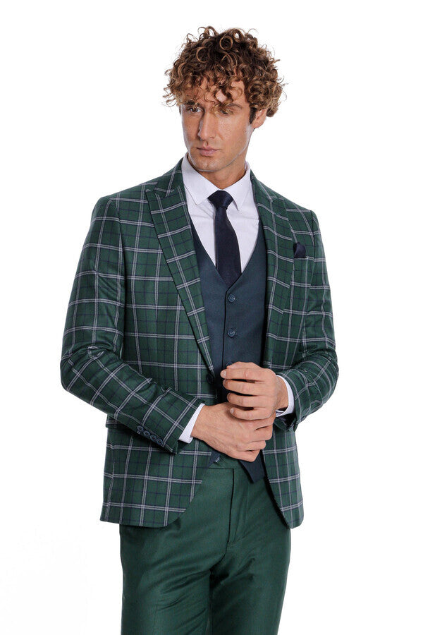 Traje de hombre azul con chaleco entallado a cuadros verdes - Wessi