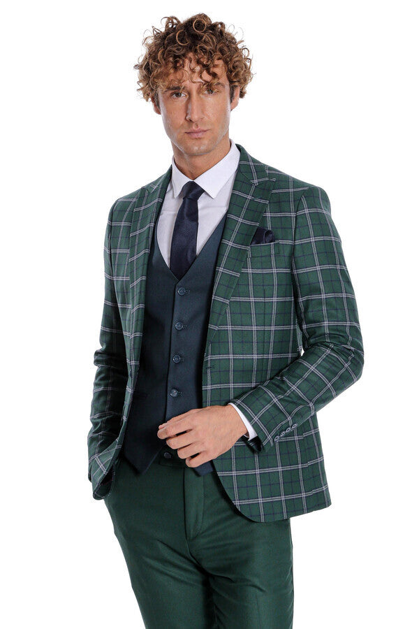 Traje de hombre azul con chaleco entallado a cuadros verdes - Wessi