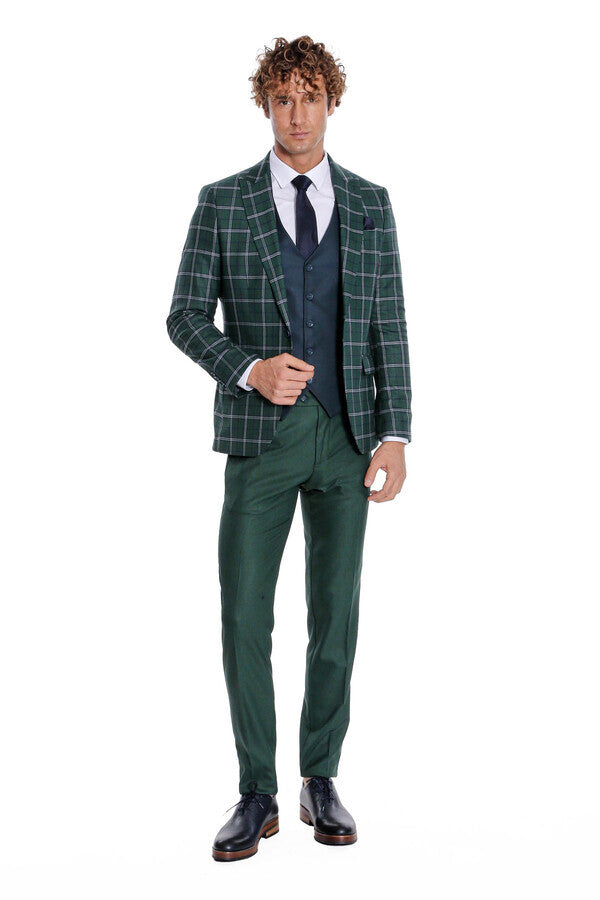 Traje de hombre azul con chaleco entallado a cuadros verdes - Wessi