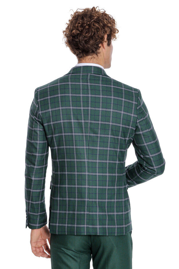 Traje de hombre azul con chaleco entallado a cuadros verdes - Wessi