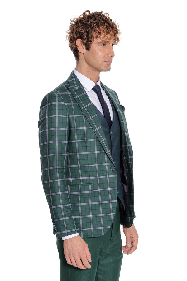 Traje de hombre azul con chaleco entallado a cuadros verdes - Wessi