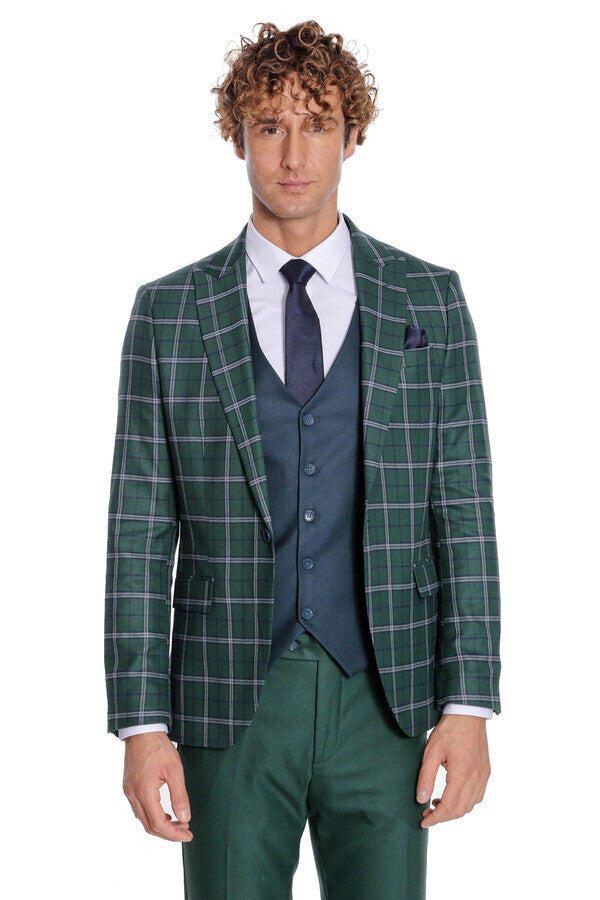 Traje de hombre azul con chaleco entallado a cuadros verdes - Wessi