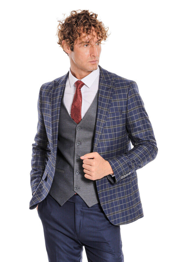 Traje azul marino a cuadros con corte entallado y chaleco para hombre - Wessi