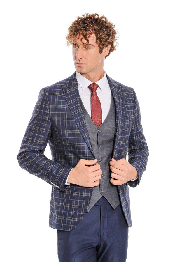 Traje azul marino a cuadros con corte entallado y chaleco para hombre - Wessi