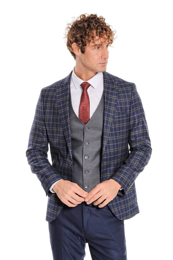 Traje azul marino a cuadros con corte entallado y chaleco para hombre - Wessi