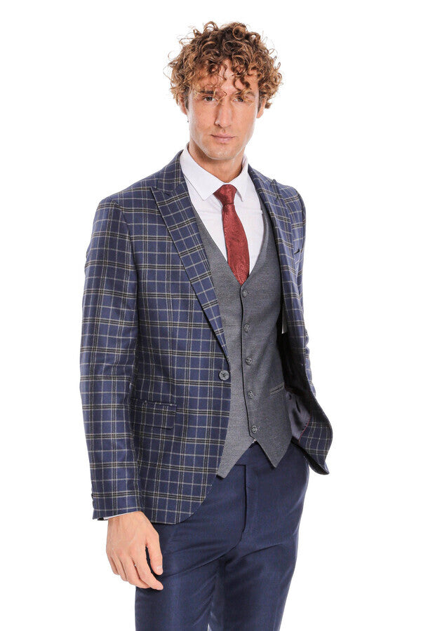 Traje azul marino a cuadros con corte entallado y chaleco para hombre - Wessi
