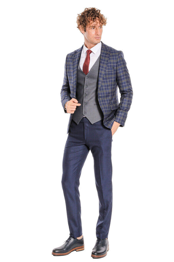 Traje azul marino a cuadros con corte entallado y chaleco para hombre - Wessi