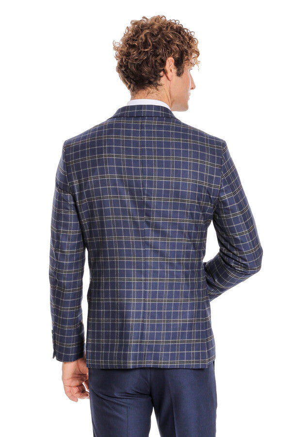 Traje azul marino a cuadros con corte entallado y chaleco para hombre - Wessi