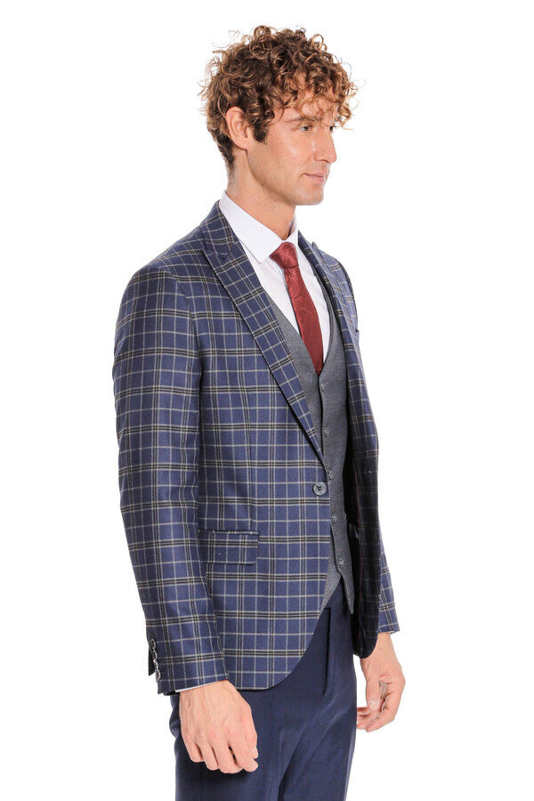 Traje azul marino a cuadros con corte entallado y chaleco para hombre - Wessi