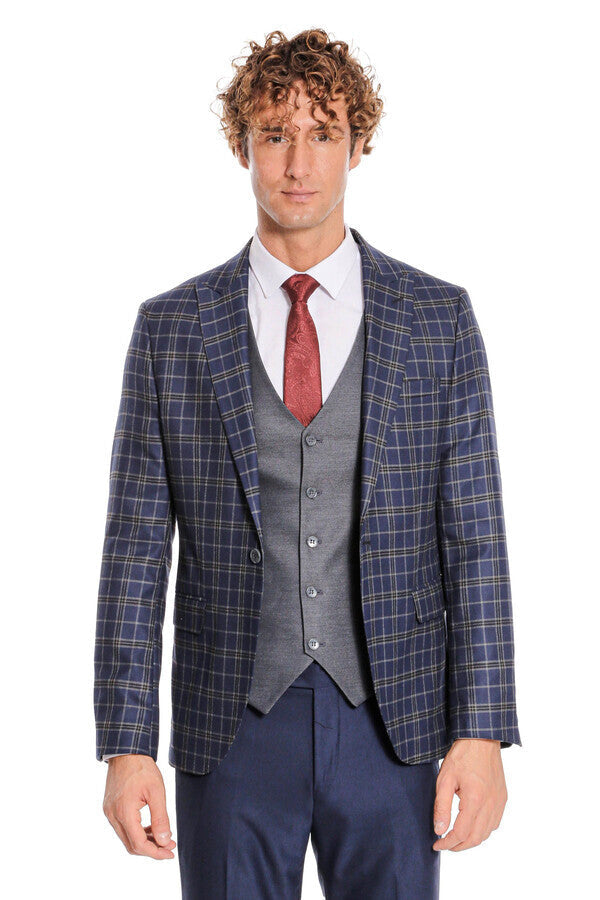 Traje azul marino a cuadros con corte entallado y chaleco para hombre - Wessi