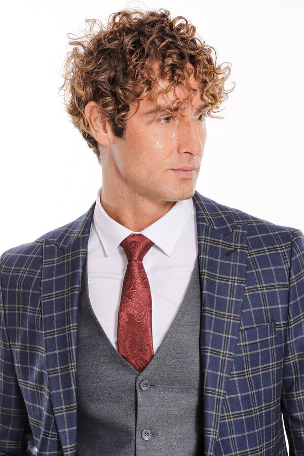 Traje azul marino a cuadros con corte entallado y chaleco para hombre - Wessi