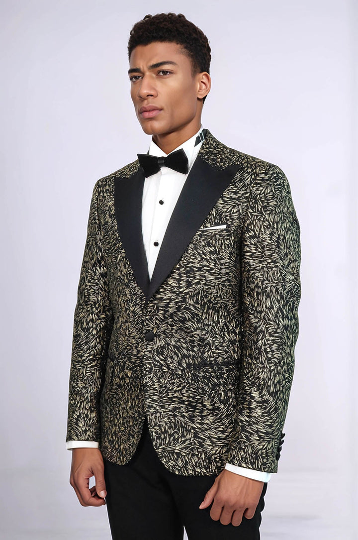 Feather Patterned Slim Fit Black Men Prom Blazer - Wessi