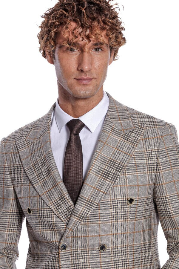 Blazer cruzado de cuadros marrón para hombre - Wessi