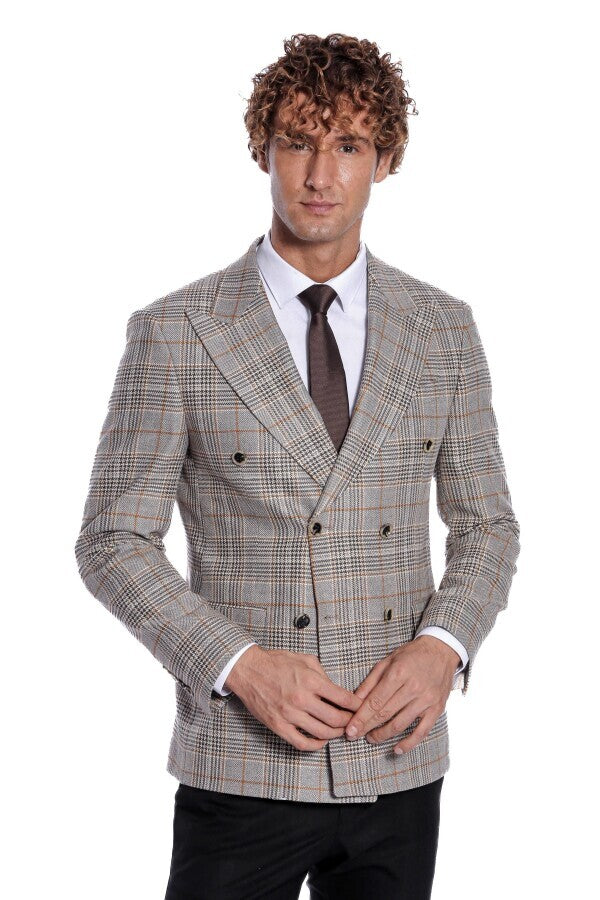Blazer cruzado de cuadros marrón para hombre - Wessi