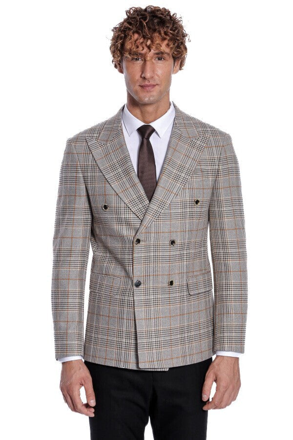 Blazer cruzado de cuadros marrón para hombre - Wessi