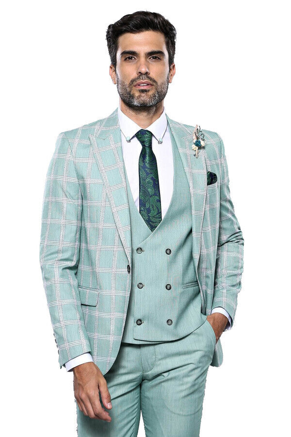 Traje de cuadros verde claro con chaleco | Wessi