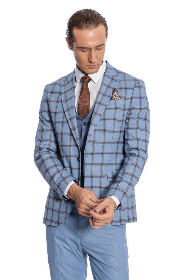 Traje de hombre azul ajustado con estampado de cuadros - Wessi