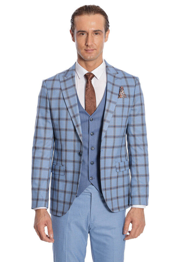 Traje de hombre azul ajustado con estampado de cuadros - Wessi