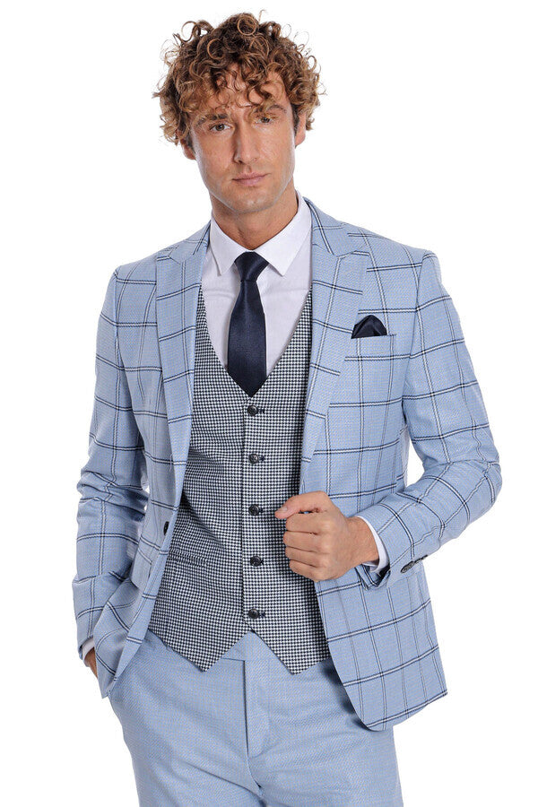 Traje de hombre azul claro de corte entallado con estampado de cuadros - Wessi