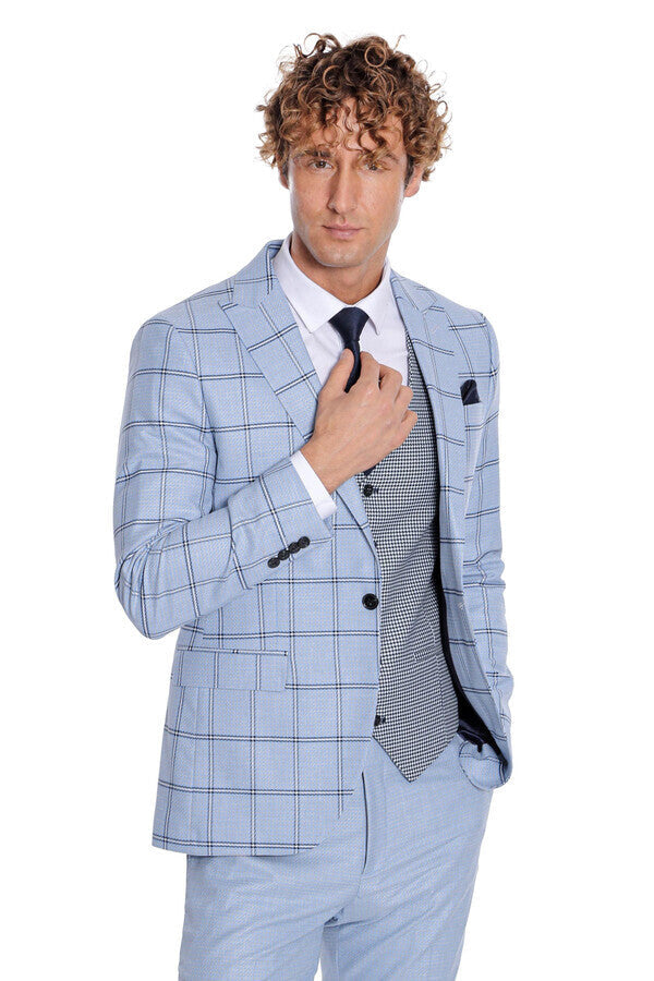 Traje de hombre azul claro de corte entallado con estampado de cuadros - Wessi