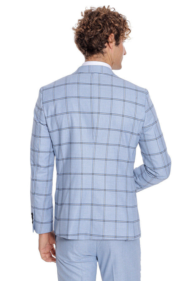 Traje de hombre azul claro de corte entallado con estampado de cuadros - Wessi