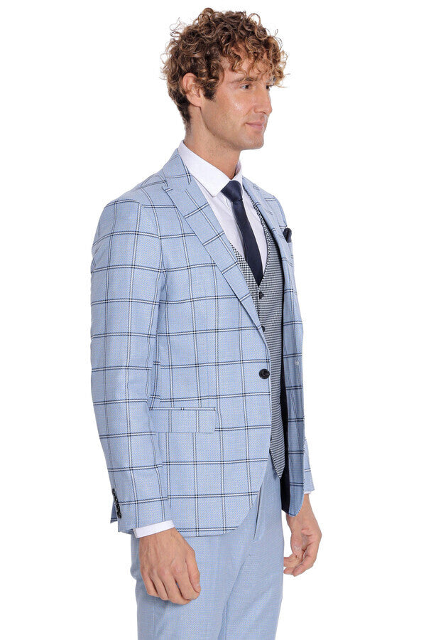 Traje de hombre azul claro de corte entallado con estampado de cuadros - Wessi