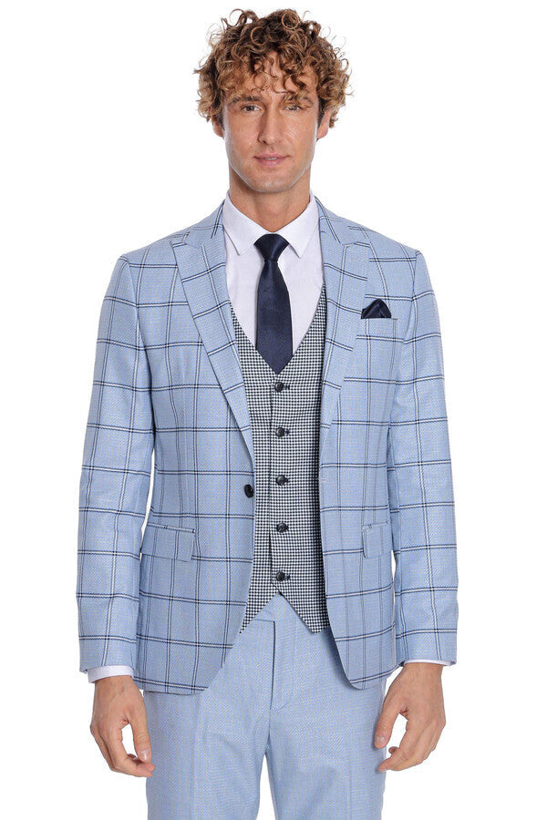 Traje de hombre azul claro de corte entallado con estampado de cuadros - Wessi