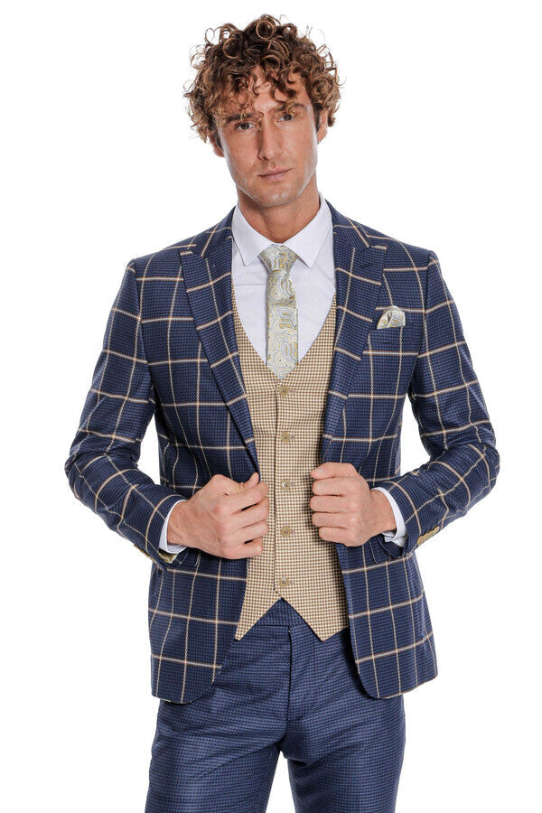 Traje Azul Cuadros Hombre Traje De Hombre Azul Ajustado Con