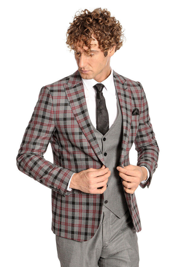 Traje de hombre gris ajustado a cuadros - Wessi