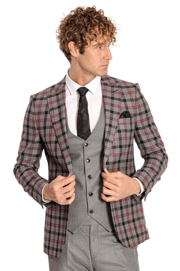 Traje de hombre gris ajustado a cuadros - Wessi