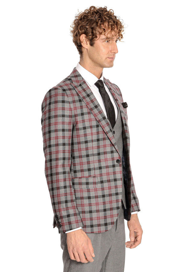 Traje de hombre gris ajustado a cuadros - Wessi