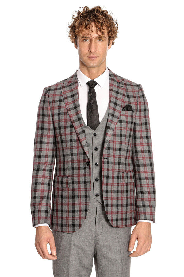 Traje de hombre gris ajustado a cuadros - Wessi