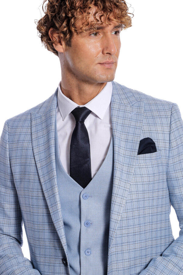 Traje de hombre azul claro de corte entallado a cuadros - Wessi