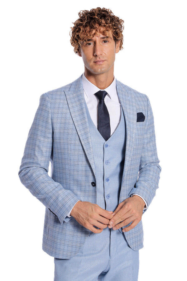 Traje de hombre azul claro de corte entallado a cuadros - Wessi