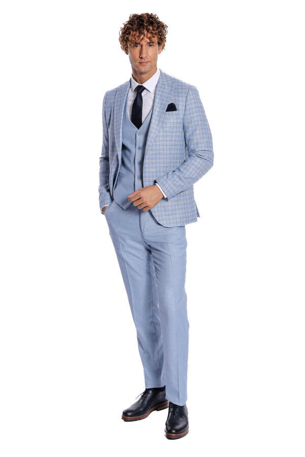 Traje de hombre azul claro de corte entallado a cuadros - Wessi
