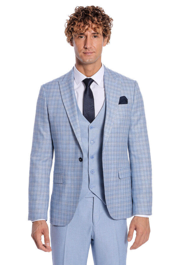 Traje de hombre azul claro de corte entallado a cuadros - Wessi