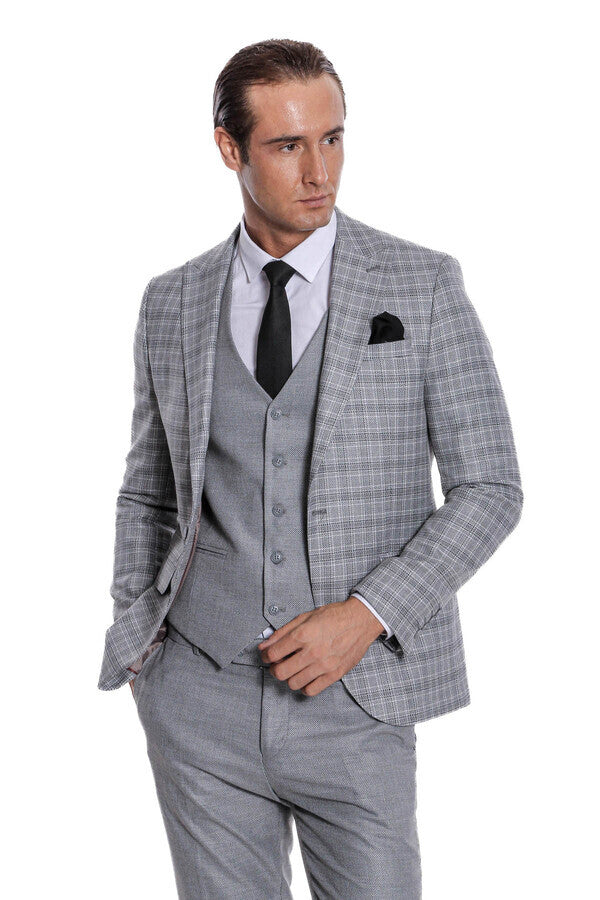 Traje de hombre gris claro de corte entallado y cuadros - Wessi